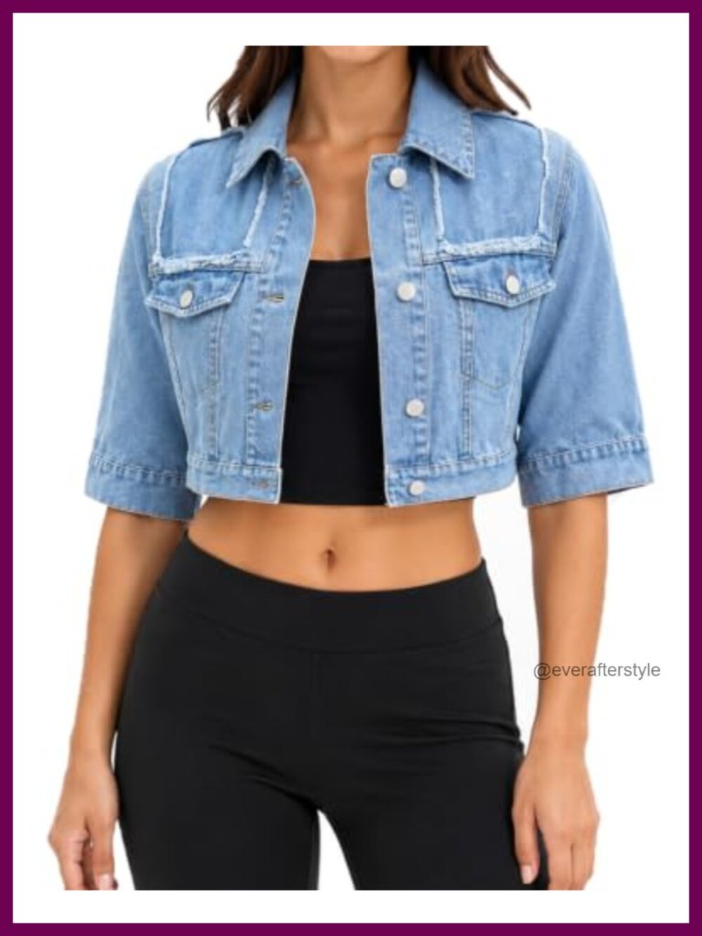 Women's Cropped Denim Jacket Frayed Trim Short Sleeve Button Down Jean Jacket